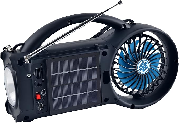 Supersonic SC-1073ERF Solar Power Bluetooth Speaker with FM Radio, LED Torch Light and Fan USB/SD Input, FM Radio, 3 Wind Speed, for Picnic, Barbecue, Camping, Hurricane Emergency