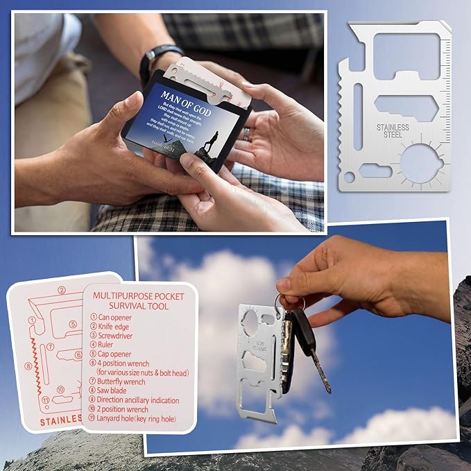 10 Pcs Man of God 11 in 1 Stainless Steel Credit Card Multitool Father's Day Gifts Survival Wallet Tool Bible Verse Ephesians 6: 10-11 Pocket Tool Set for Men Church Prizes Party Favor