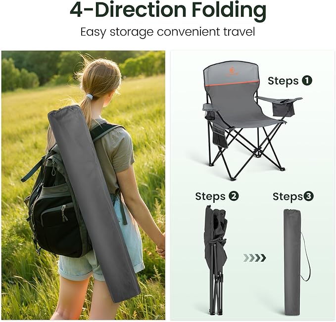 HIGH POINT SPORTS 2 Pack Portable Camping Chair for Adults, Folding Outdoor Camp Chair Lightweight Lawn Chairs Folding Collapsible Chair for Camping, Tailgates, Beach, Gray, Support 350 lbs