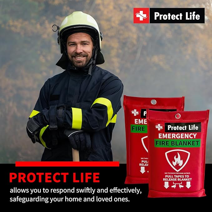 Protect Life Saving Emergency Fire Blankets 1 Pack - 40"x40", Fiberglass Fire Blanket for Home & Kitchen - Fire Suppression or Retardant Tarp - Fire Safety Kit for Car or Camping