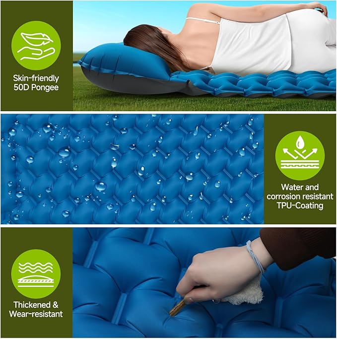 Double Camping Sleeping Pad, 4" Extra Thick 2 Person Inflatable Sleeping Pad with Built-in Foot Pump & Pillow, Ultralight Self Inflating Camping Mattress for Tent, Backpacking, Hiking, Travel, RV