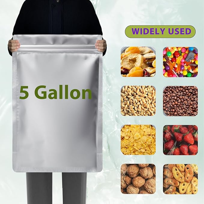 10pcs 5 Gallon Mylar Bags for Food Storage with Oxygen Absorbers 2500cc and Labels, Extra Thick 10 Mil - 17x27 Inch Zipper Pouches Resealable for Long Term Food Container Sets - Heat Sealable