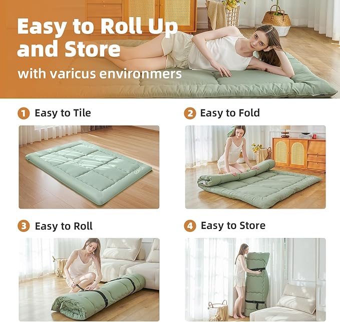Japanese Floor Futon Queen Foldable Futon Mattress for Floor Tatami Mattress Portable Rollaway Bed for Guest Playmat for Kids Tatami Sleeping Pad Japanese Mattress for Adults Green A