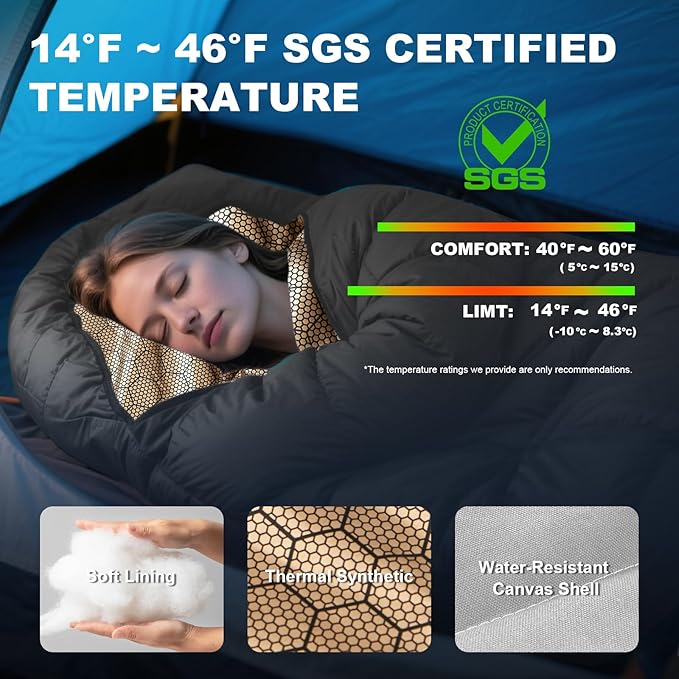 Sleeping Bag for Adults All Season 0 Degree,Cotton Canvas with YKK Zipper Compact Backpacking Mummy Camping Sleeping Bag