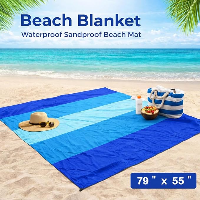Beach Blanket Sandproof Waterproof 79" x 55", Portable Picnic Mat Mat, Sand Free Quick Drying Camping Blanket, Lightweight Beach Essentials for Picnic & Travel