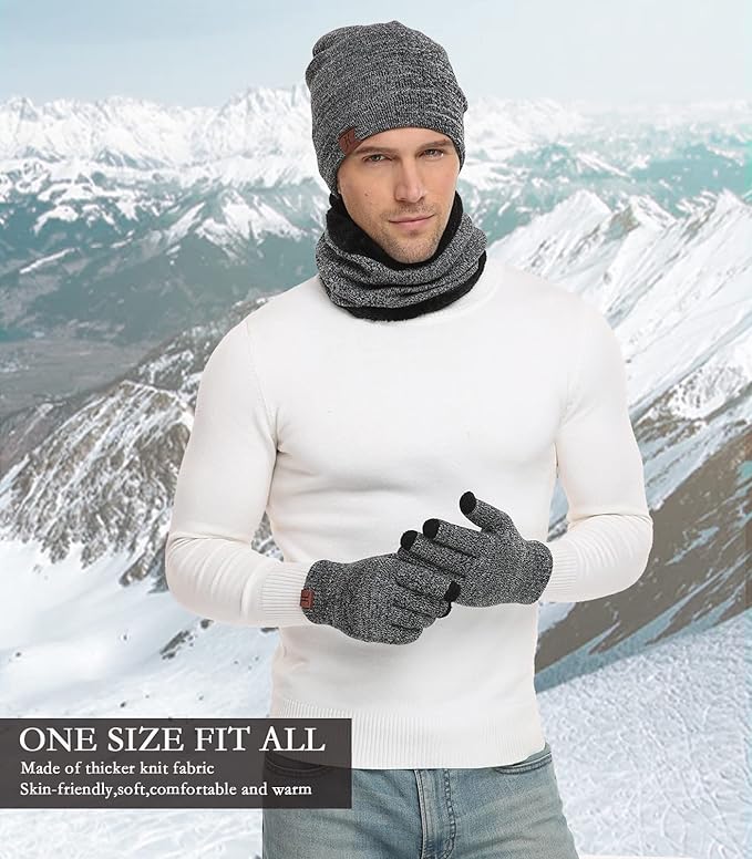 Winter Beanie Hat Scarf Touchscreen Gloves Set for Men and Women, Beanie Gloves Neck Warmer Set with Warm Knit Fleece Lined