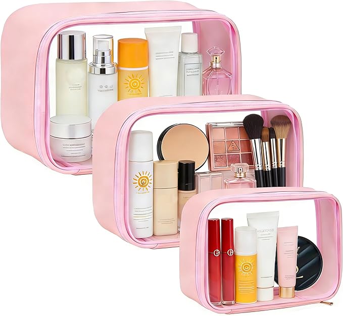 Travel Clear Makeup Bag Set for Women, 3 Pack Travel Size Toiletry Bag with Zipper Small Makeup Pouch for Purse Waterproof Portable Cosmetic Case Compact Car Organizer Storage Bag (Pink Set)