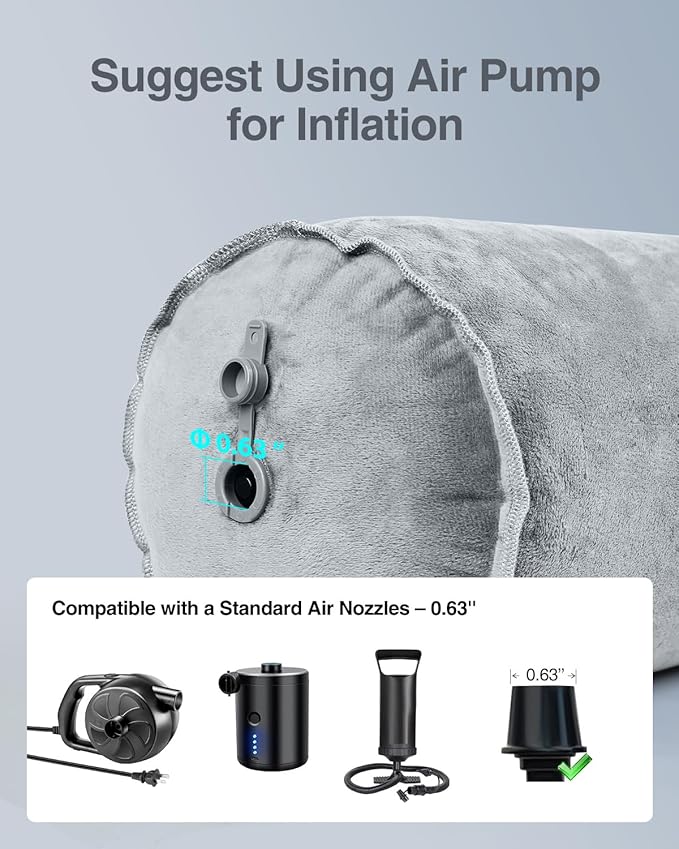 Luxtude Inflatable Body Pillow for Adults Kids, Travel Body Pillow with Soft Velvet, 35Inch Long Bolster Pillow for Bed, Round Cervical Roll Cylinder Pillow for Sleeping, Back, Neck etc.