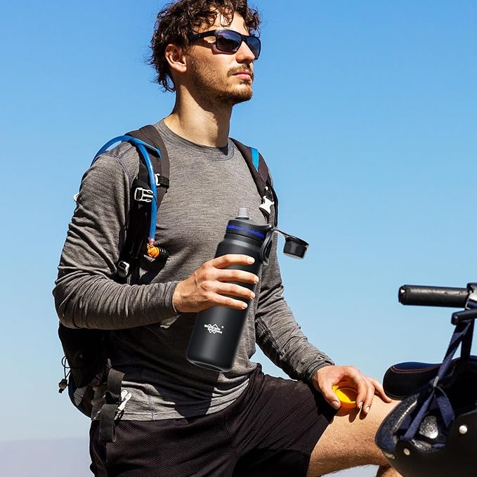 Membrane Solutions C3 Filtered Water Bottle, 32oz Stainless Steel Water Bottle with Replaceable UF+ACF Filter Cartridge, Portable Water Filter, Travel, Hiking & Camping for Drinking Water