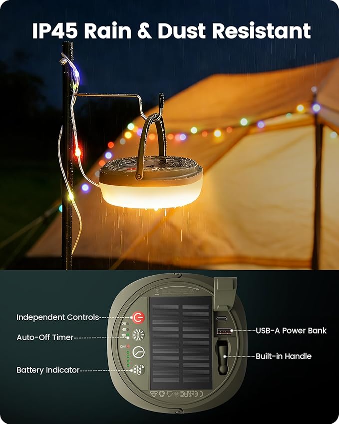 Glocusent 22 Modes Camping String Lights, 12 Ambient String Lights & 10 RGB Lantern, 130 LEDs Rechargeable Solar Powered, 33ft Tangle-Free Camping Lights String for Tent, Patio, Yard, Outdoor Decor