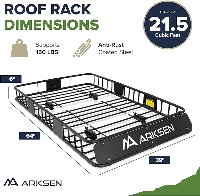 ARKSEN 64" x 39" x 6" Roof Rack Basket with Extension & Waterproof Cargo Bag, 150 lb Heavy-Duty Steel Cargo Carrier, Fits Crossbars up to 1.38" Thick, for SUV & Pickup Truck
