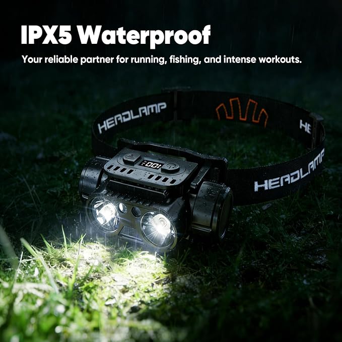 Rechargeable LED Headlamp, 2-Pack Super Bright Head lamp with Motion Sensor, 45° Adjustable Head Lights for Forehead Hard Hat, 7 Modes Waterproof Camping HeadLamps for Adults Kids