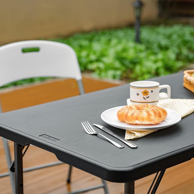 Byliable Folding Table 4 Foot Portable Heavy Duty Plastic Fold-in-Half Utility Table Small Indoor Outdoor Adjustable Height Folding with Carrying Handle, Camping and Party, Black