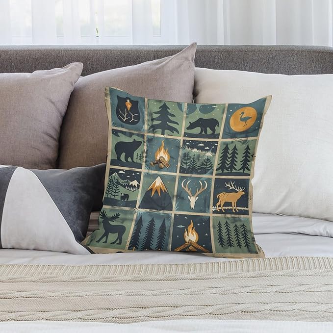 ITFRO Set of 2 Birthday Gift Nature Wildlife Bear Deer Forest Bonfire Pine Tree Short Plush Both Sides Square Retro Checkered Throw Pillow Cover Cushion Case Farmhouse Sofa Decor 18x18 Inches (Blue)