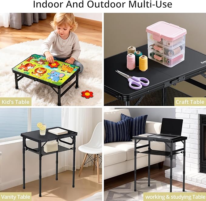 Anbte 2ft Small Folding Camping Table, Waterproof Flat Plastic Tabletop 3 Adjustable Height Portable Camping Table with Storage Net, for Picnic Indoor Outdoor Travel Beach, 22.8" X 15.7", Pure Black