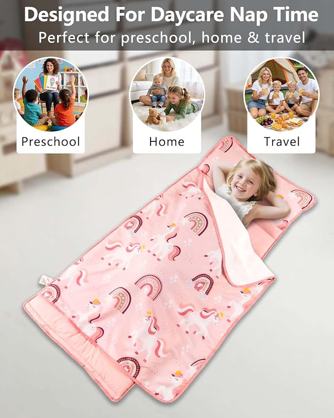 Primlect Lightweight Toddler Nap Mat, Portable Rolled Design Perfect for Daycare Travel, 51”x31 All-in-One Sleeping Bag with Removable Pillow and Fleece Blanket for Boys Girls, Machine Washable