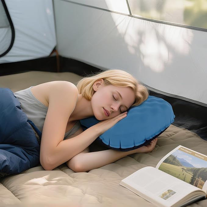 UWILLION Camping Pillow with Ice Silk Memory Foam Cover - Ultralight Inflatable Pillow for Camping Lightweight, Ergonomic and Washable for Camping, Hiking, and Travel Blue