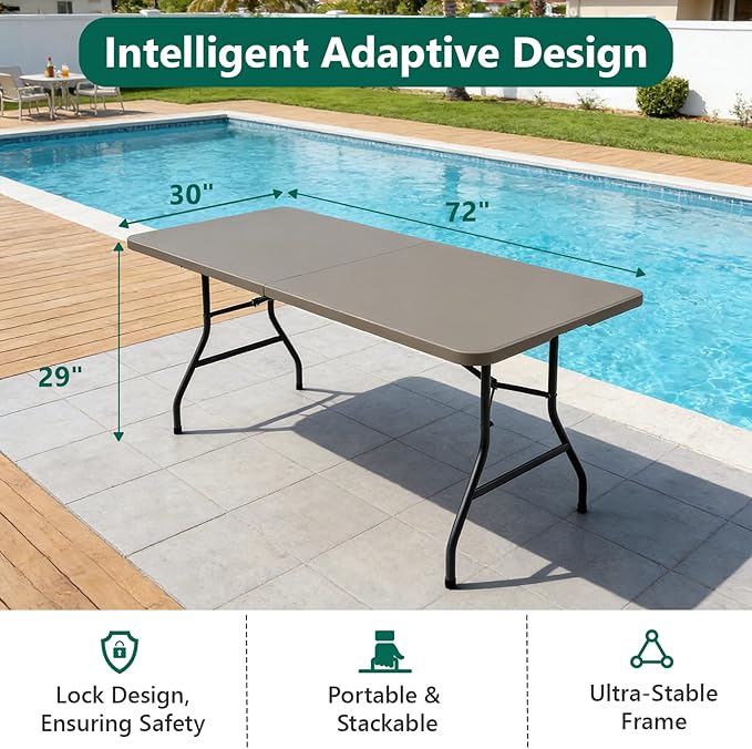 Folding Table 72" x 30" - Heavy Duty Plastic Table with Handle, Foldable&Portable, Fold-in-Half Utility Tables for Outdoor, Dining, Wedding, Events, Indoor, Picnic, Camping, Party, Khaki