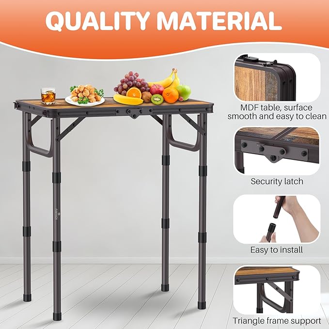 FUNYKICH 2ft Small Folding Camping Table(22.8'' Lx15.7'' W), 3 Height Adjustable Portable Picnic Table, Lightweight Aluminum Outdoor Table with Carry Handle for Camping, BBQ, Beach, Picnic, Brown