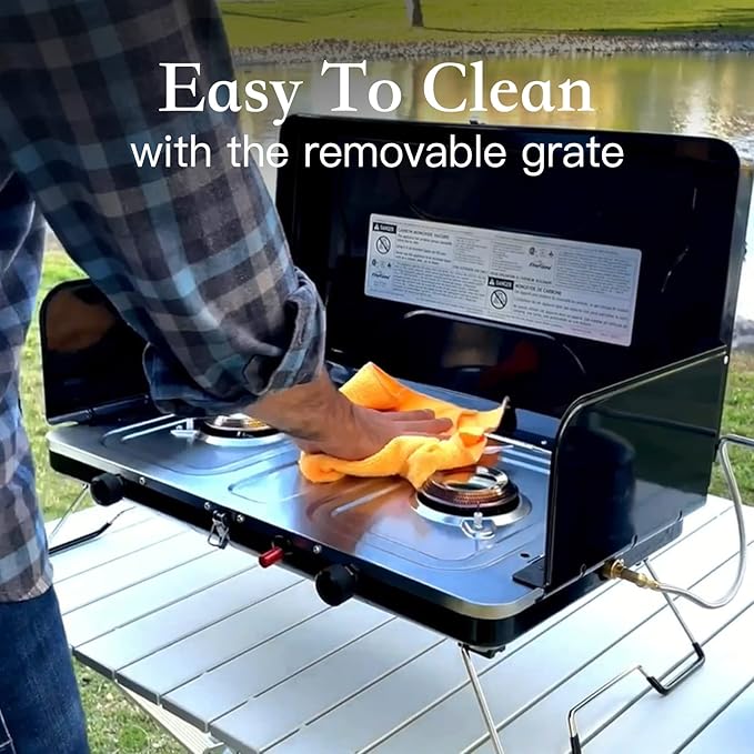 FineFlame Camping Stove, 2 Burners Portable Propane camp Stove with Regulator, Integrated Igniter & Stainless Steel Drip Tray & Built-in Handle & Foldable Legs for Outdoor Cooking Travel(20000BTU)