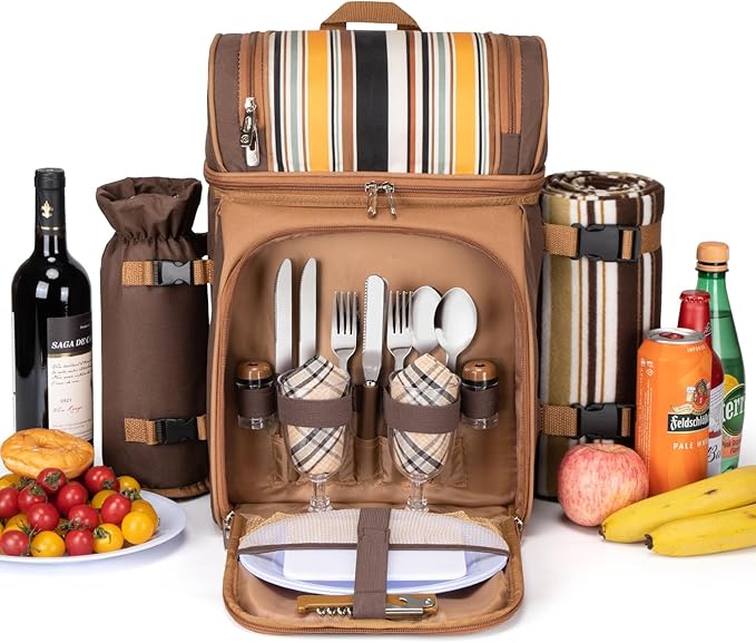 ALLCAMP Picnic Backpack - Insulated Cooler Bag with Compartment, Detachable Wine Glass Holder, Throw Blanket & Cutlery Set,2 Person Picnic Set for Family Outings, Couple Gifts (Brown)