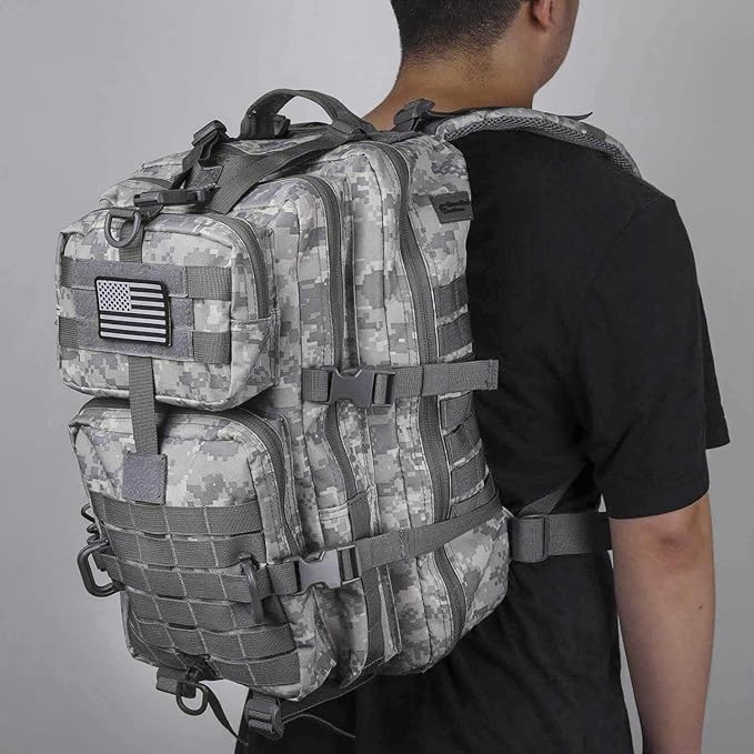 Hannibal Tactical MOLLE Assault Backpack, Tactical Backpack Army Military Camping Rucksack, 3-Day Pack Travel Trip w/USA Flag Patch, D-Rings, ACU Camo