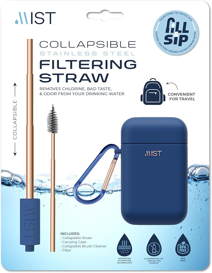 Mist Reusable Straw, Collapsible Reusable Metal Water Filtering Straw Removes Chlorine & Odor, BPA-Free, Portable, Stainless Steel, Filter Straw With Carry Case, Brush, Travel-Friendly, Navy