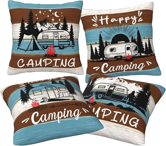 Camping Throw Pillow Covers 18 X 18 Inch Set of 4 Decorative Cushion Cover Home Decor for Sofa Chair Couch Bedroom Living Room
