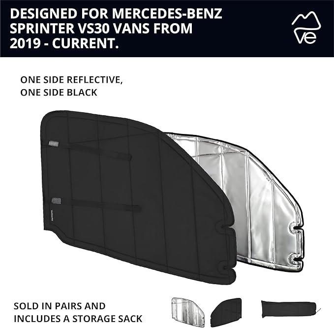 VanEssential Insulated Reflective Blackout Magnetic Window Covers Designed for Mercedes-Benz VS30 (Van Years 2019 to Current), Front Door (Pair), Black Reflective