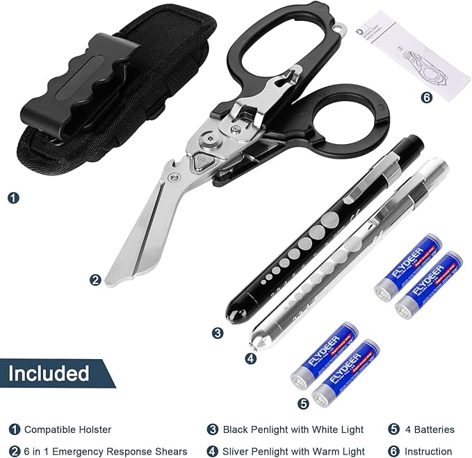 6 In1 Multifunction Emergency Response Shears, Stainless Steel Foldable Trauma Shears with Strap Cutter and Glass Breaker,Medical Scissors with Holster and Penlight