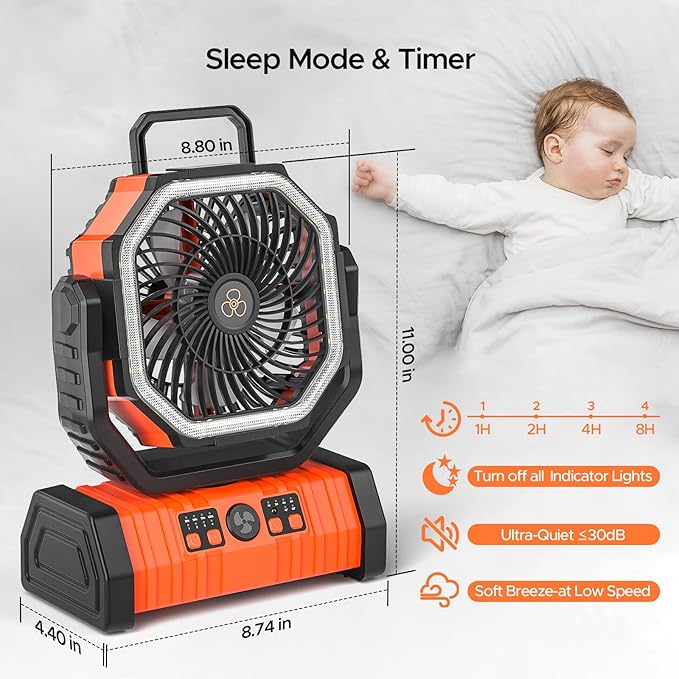 Rechargeable Camping Fan with LED Lantern, 20000mAh Auto-Oscillating Battery Operated with Remote/Hook/Timer, 8” Portable Fan for Picnic, Fishing,Tent, RV, Power Outages, Hurricane(Orange)