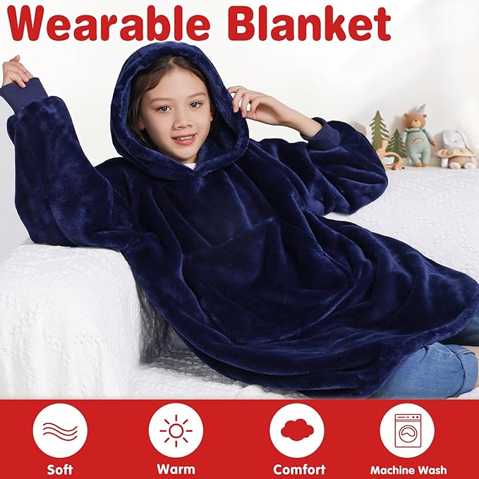 Waitu Wearable Blanket for Kids, Wearable Blanket Hoodie for Teens Girls Boys, Warm Blanket Sweatshirt Gift for Teenage, Hoodie Blanket with Sleeves - Navy