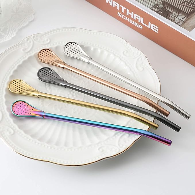 Reusable Straws Spoon for Yerba Mate Stainless Steel Straw Spoon Filter Strainers for Loose Tea, Coffee Stirrers, Smoothie Slushy Straws, 9 Pcs 6 Colors with 2 Cleaner Brushes