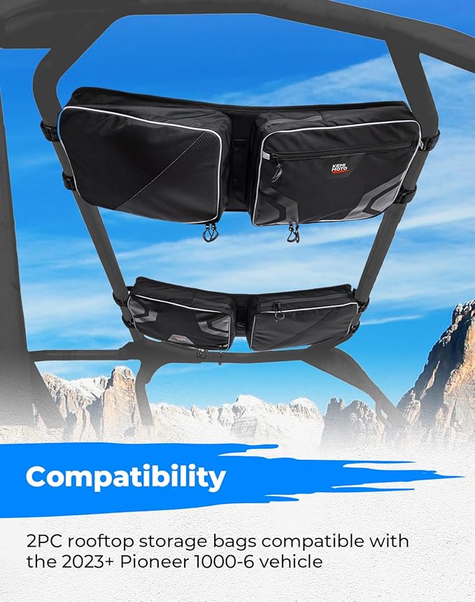 KEMIMOTO UTV Large Storage Roof Bag Compatible with Pioneer 1000 3P 6P/Polaris RZR XP 4 1000/Uforce 1000,1680D Oxford Fabric with Several Pockets Water-Resistant Overhead Storage Bags (2 Pack)