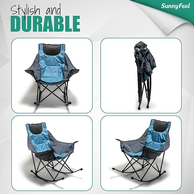 SUNNYFEEL Rocking Camping Chair 2 Pack, Luxury Padded Recliner, Oversized Folding Lawn Chair with Pocket, Heavy Duty for Outdoor/Picnic/Lounge/Patio, Portable Camp Rocker Chairs with Carry Bag