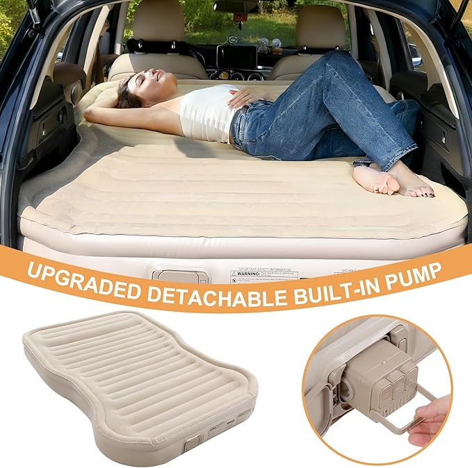 KMZ SUV Air Mattress with Built-in Pump & 2 Pillows, Thickened Flocked PVC, Quick 90-Seconds Inflation Air Bed, Portable & Durable Car Air Bed for Camping, Travel, Truck (Khaki)