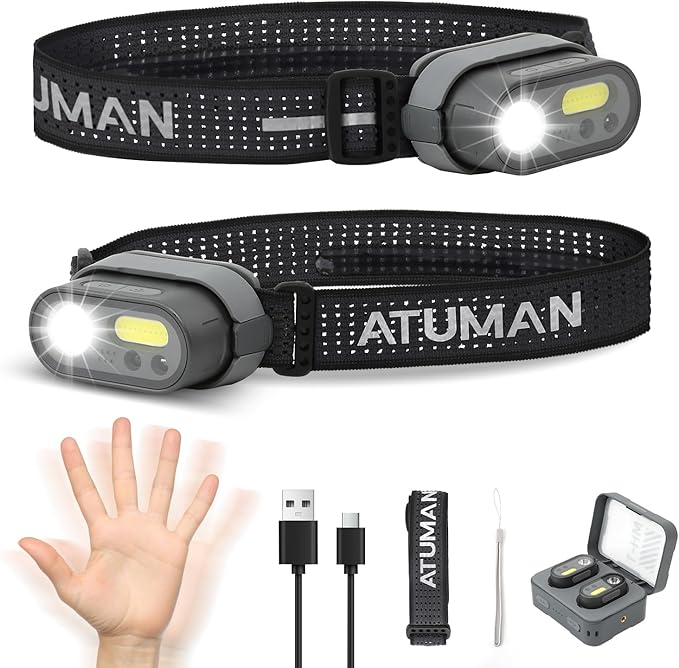 Rechargeable LED Headlight,2 Pack Headlamp with Motion Sensor, 8 Light Modes,1200 Lumens Dual Beam,Head Lamp 39H Long Battery Life,Camping Light with Charging Case for Hiking,Outdoor,Fishing