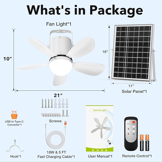 21” Solar Ceiling Fan with Light, Solar Gazebo Fan Light Outdoor with Remote, Portable Rechargeable Battery Operated Camping Fan, for Outside Canopy Tent Porch Patio Greenhouse RVs Pergola