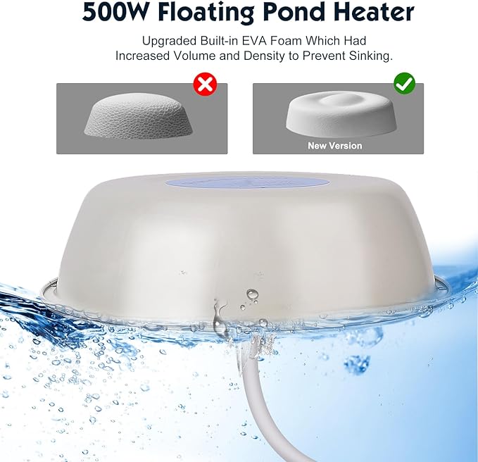 500W Pond Heaters for Outdoor Ponds with Fish, Thermostat Controlled De-Icer with Oxygen Exchange, 10 FT Cord,Die-cast Aluminum,EVA Foam Inside, LED Indicator,Safety Listed