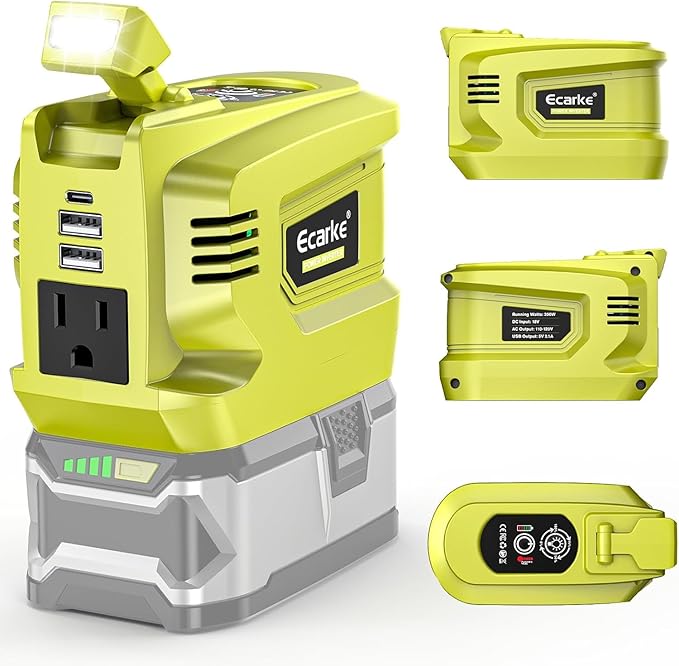 Ecarke 200W Portable Power Inverter Compatible with Ryobi 18V Battery, DC 18V to AC 110V Power Station with 1 AC Outlet, 2 USB, 1 Type-C & LED Light, for Outdoor Emergency Use (No Battery)(2-Pack)