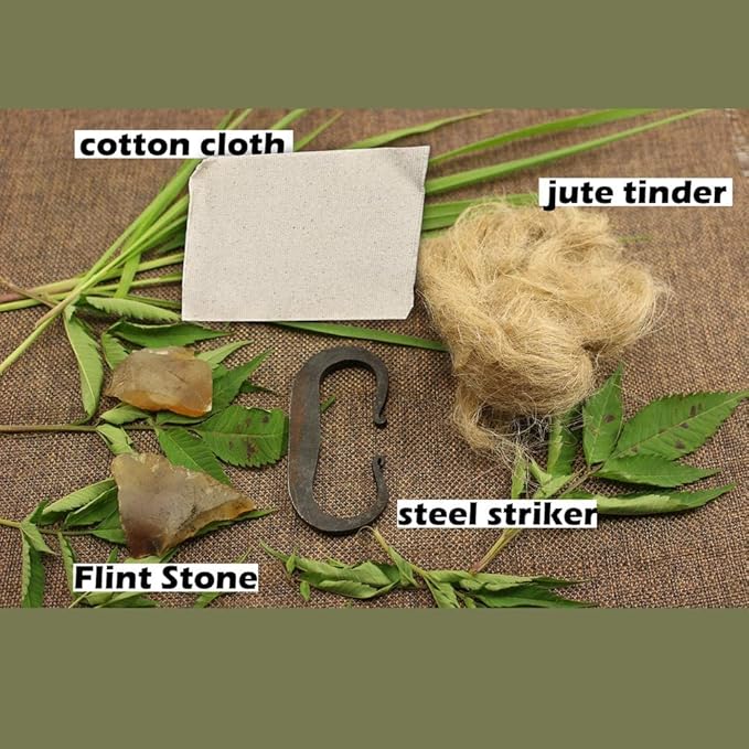 PSKOOK Flint and Steel Single High Carbon Steel Fire Striker English Flint Stone Emergency Jute Tinder Bushcraft