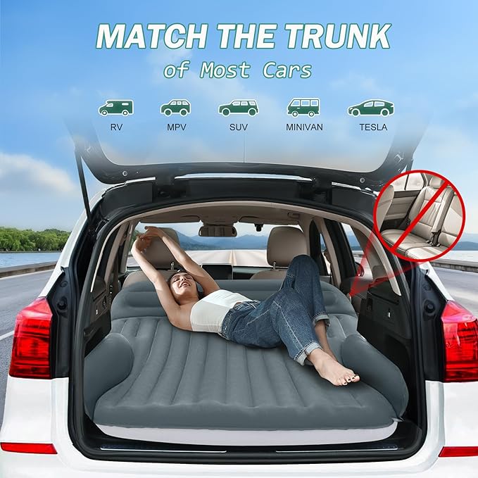 Ciremiv SUV Air Mattress, Double-Sided Thick Flocked Car Air Mattress with Built-in Pump & Pillow, Complete Sleeping Accessories for Auto Camping & Road Trips(Green+Charcoal)