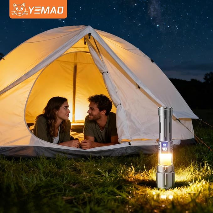 Yemao EDC Flashlight Rechargeable with Camping Lamp,Zoomable Tactical Flashlight with 8 Modes,5000mAh LED Bright Flashlights Portable Flashlighst for Home,Camping,Travel,Emergency