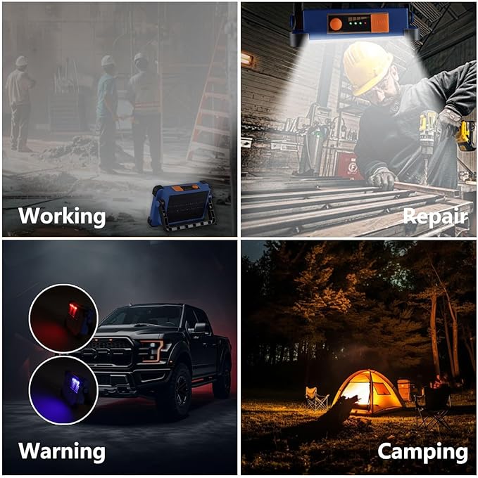 120W Solar Rechargeable Work Light, 144 LED Portable Flood Light with Stand, IP66 Waterproof 4 Modes LED Job Site Lighting Flashlights for Mechanic Camping Fishing Car Repair(Blue 1 Pack)