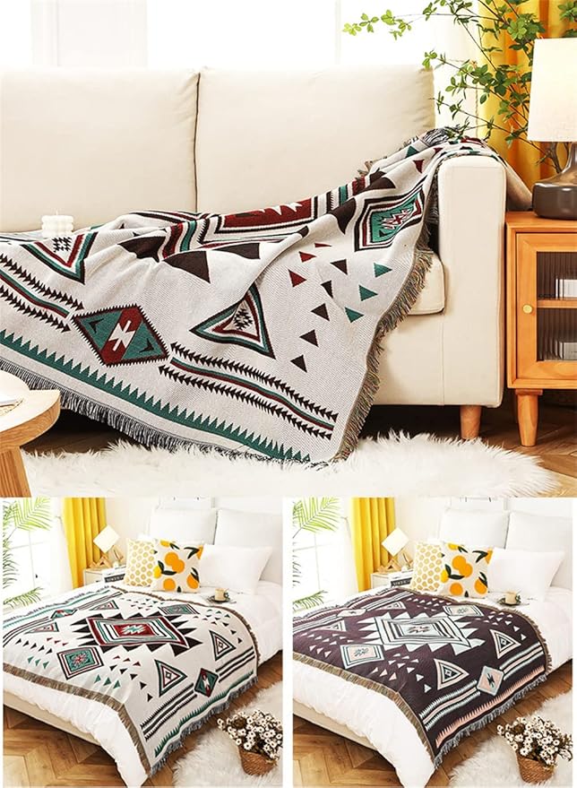 Homesy Aztec Throw Blankets Navajo Southwestern Throws Cover Reversible Green Boho Southwest Blanket for Couch Chair Sofa Bed Home Outdoor Beach Car Tent Travel Camping 51"x63"