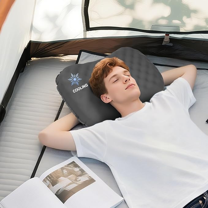 UWILLION Camping Pillow with Ice Silk Memory Foam Cover - Ultralight Inflatable Pillow for Camping Lightweight, Ergonomic and Washable for Camping, Hiking, and Travel Gray