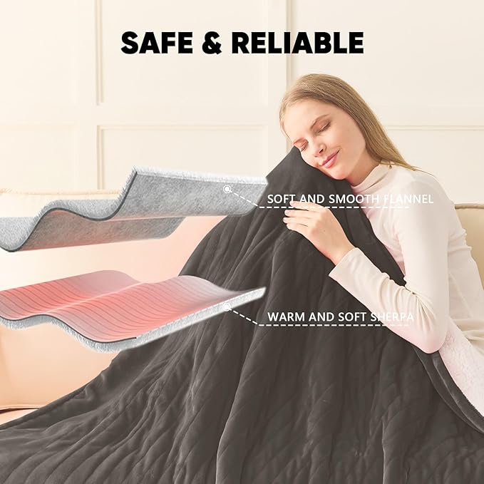 greenoak Heated Blanket Electric King Size 100"X90" Dual Control, Heating Blanket 10 Heat Levels 1/2/4/6/8 Hours Auto-Off, Sherpa Soft Warm Christmas Blanket, Lacquered Black
