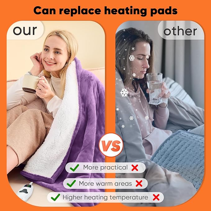 greenoak Heated Blanket Electric Full 72"X84", Heating Blankets with 10 Heat Levels 8 Hours Auto-Off, Soft Flannel Sherpa Fluffy House Warming Gifts for Grandma Seniors Momt, Wisteria
