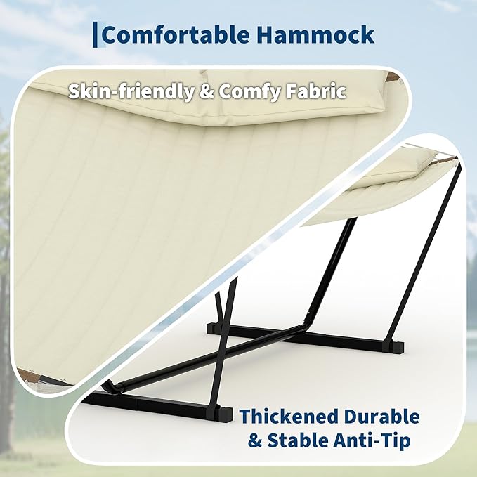 Garvee 2 Person Outdoor Hammock with Stand, Heavy Duty Portable Double Hammock with Balance Rope, MAX 450 LBS Capacity for Patio, Backyard, Garden, Beach