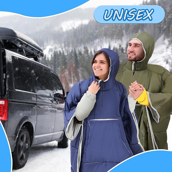 Preboun Thermal Poncho Wearable Hooded Blanket Winter Poncho Wearable Sleeping Bag Water Resistant Windproof for Men Women